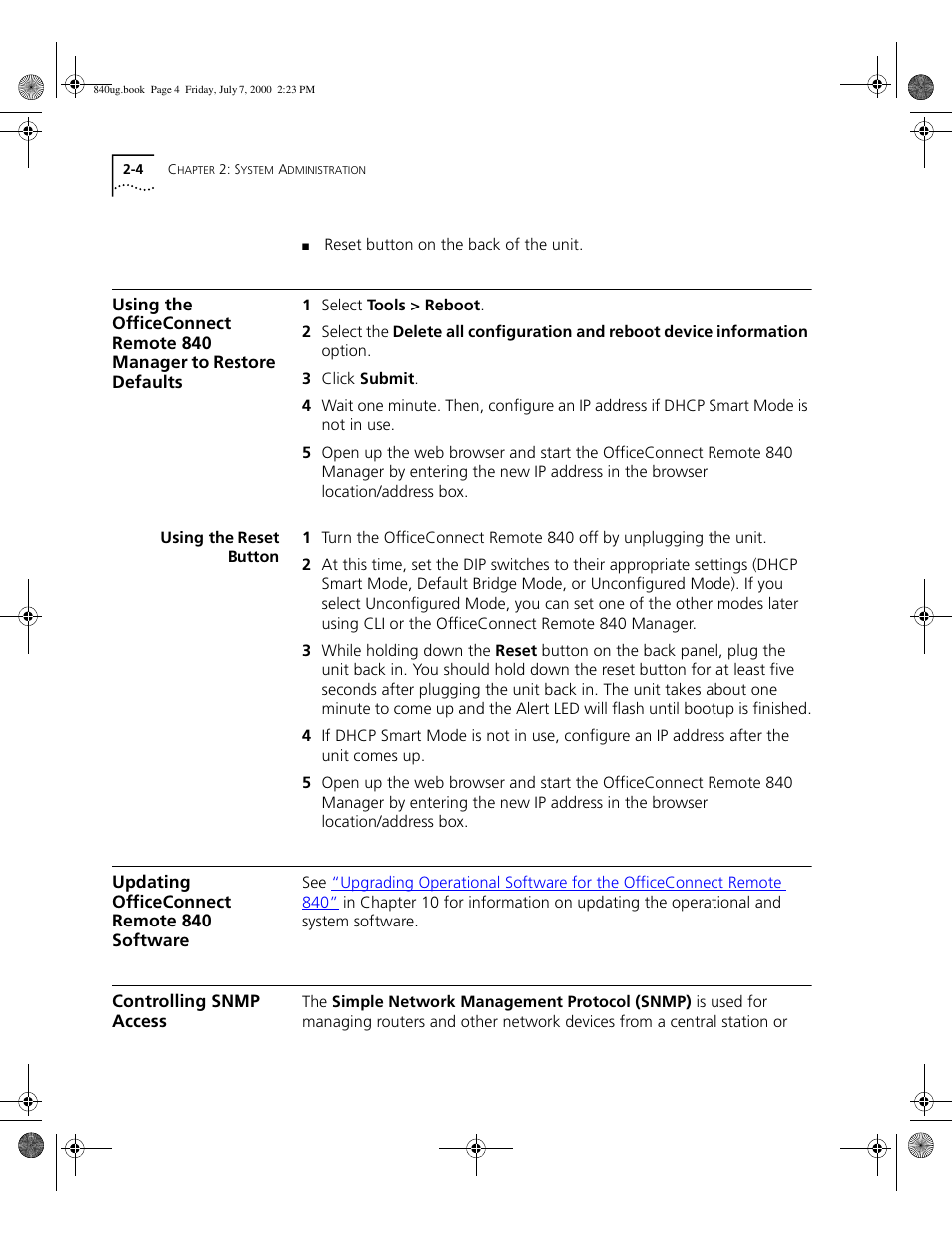 Using the reset button, Updating officeconnect remote 840 software, Controlling snmp access | 3Com 3C840 User Manual | Page 42 / 222