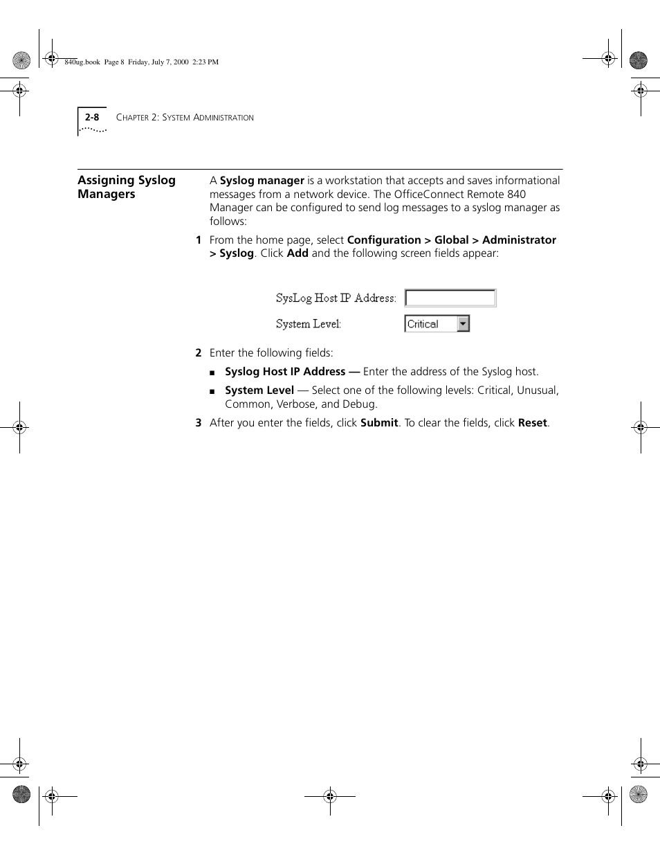 Assigning syslog managers | 3Com 3C840 User Manual | Page 46 / 222