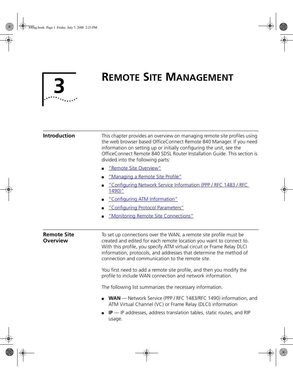 Remote site management, Introduction, Remote site overview | Emote, Anagement | 3Com 3C840 User Manual | Page 47 / 222