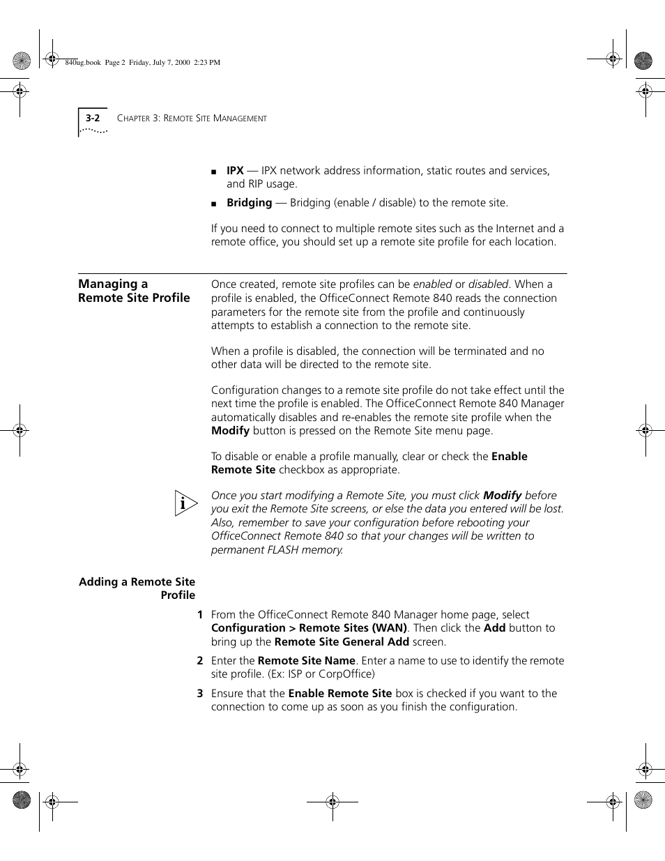 Managing a remote site profile, Adding a remote site profile | 3Com 3C840 User Manual | Page 48 / 222