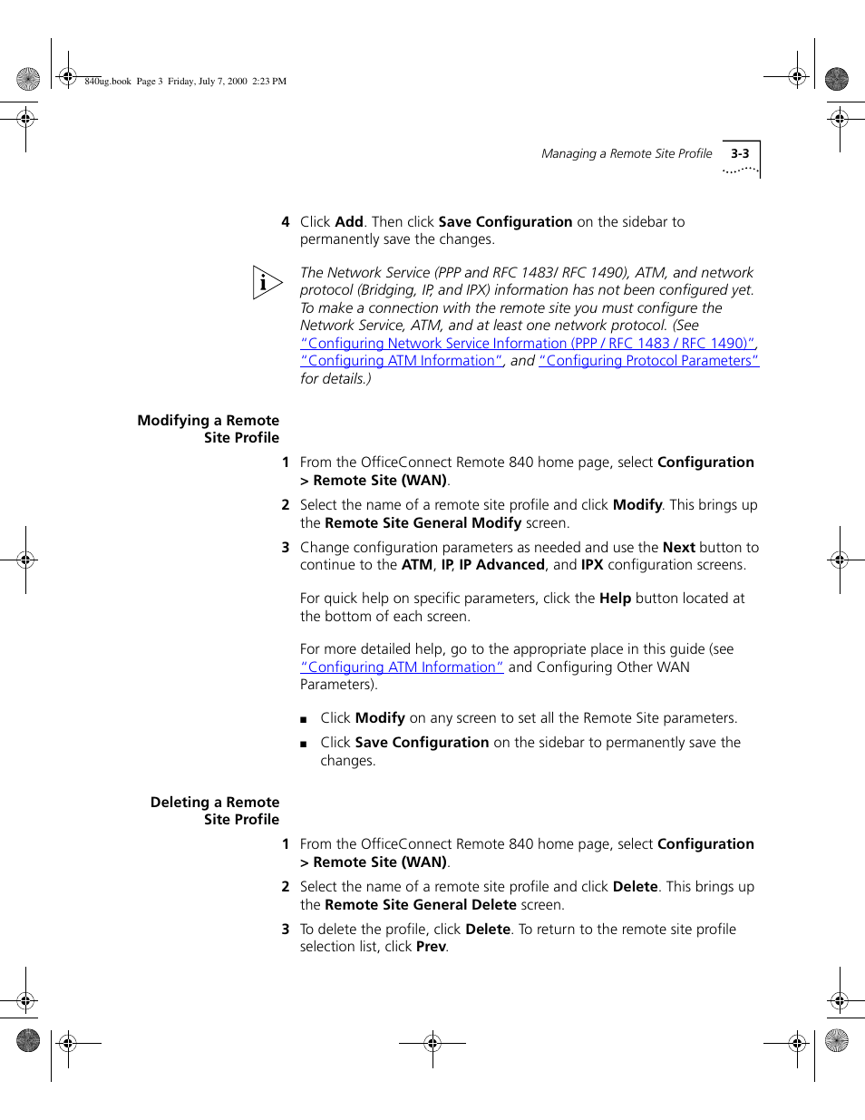 Modifying a remote site profile, Deleting a remote site profile | 3Com 3C840 User Manual | Page 49 / 222