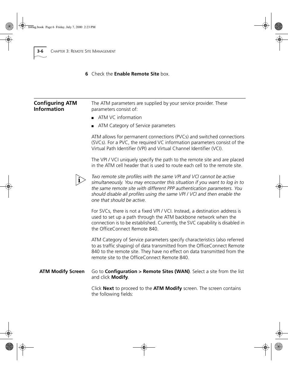 Configuring atm information, Atm modify screen | 3Com 3C840 User Manual | Page 52 / 222
