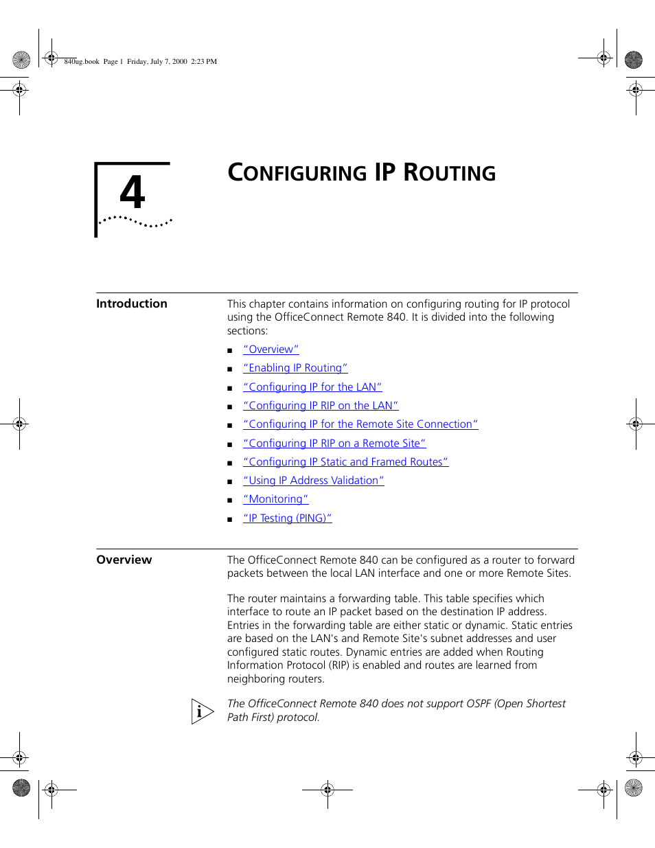 Configuring ip routing, Introduction, Overview | Onfiguring, Ip r, Outing | 3Com 3C840 User Manual | Page 55 / 222