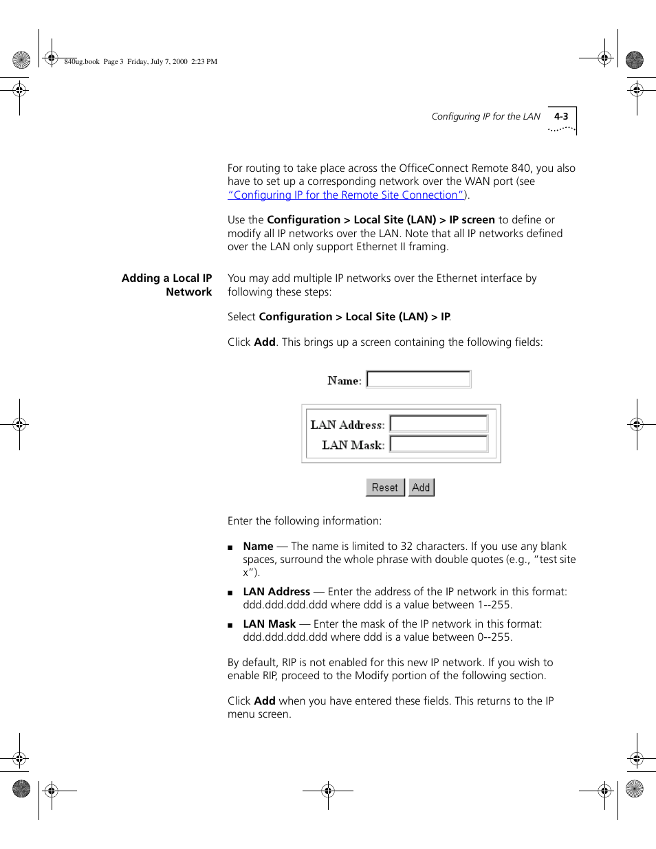 Adding a local ip network | 3Com 3C840 User Manual | Page 57 / 222