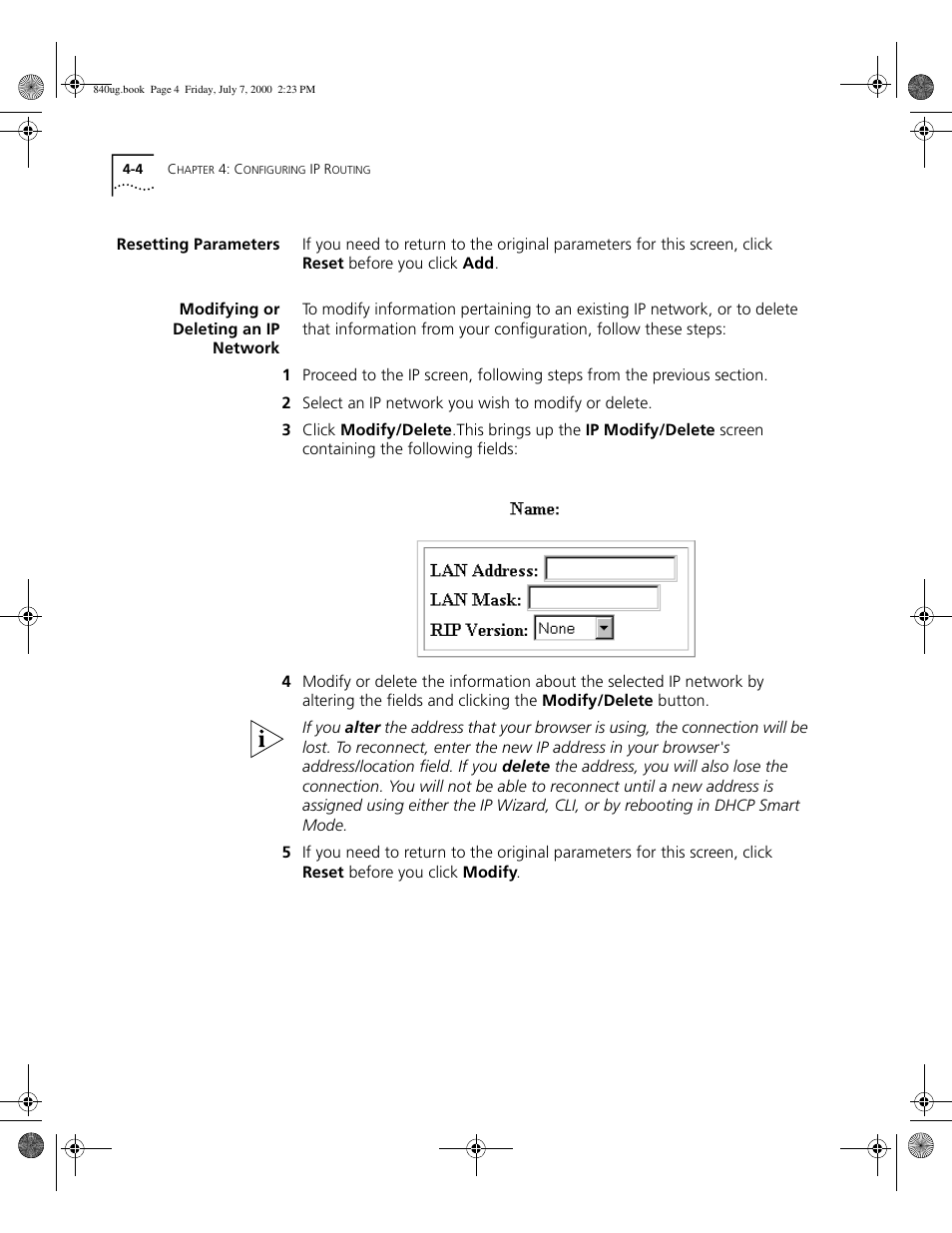 Resetting parameters, Modifying or deleting an ip network | 3Com 3C840 User Manual | Page 58 / 222