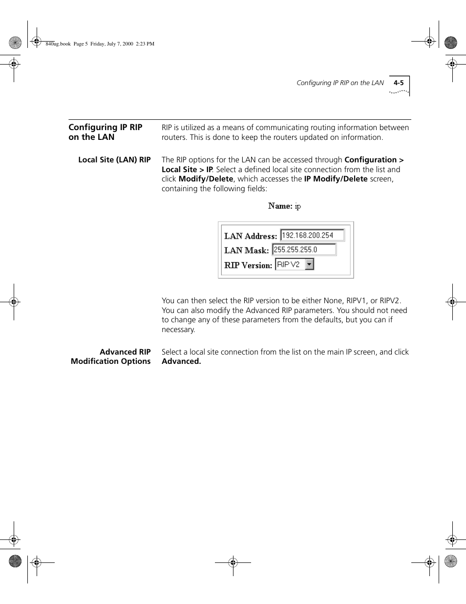 Configuring ip rip on the lan, Local site (lan) rip, Advanced rip modification options | 3Com 3C840 User Manual | Page 59 / 222
