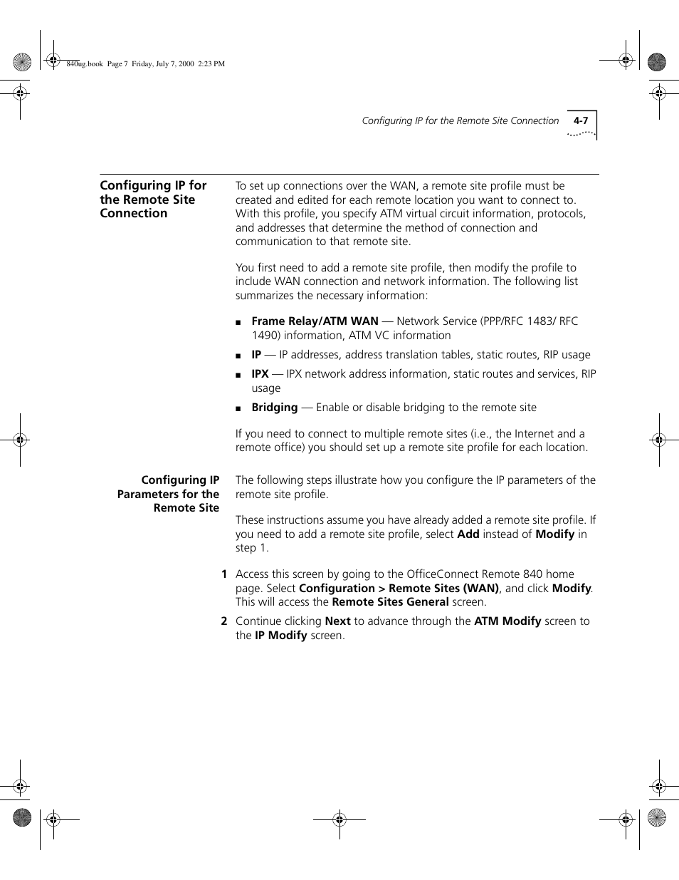 Configuring ip for the remote site connection, Configuring ip parameters for the remote site | 3Com 3C840 User Manual | Page 61 / 222