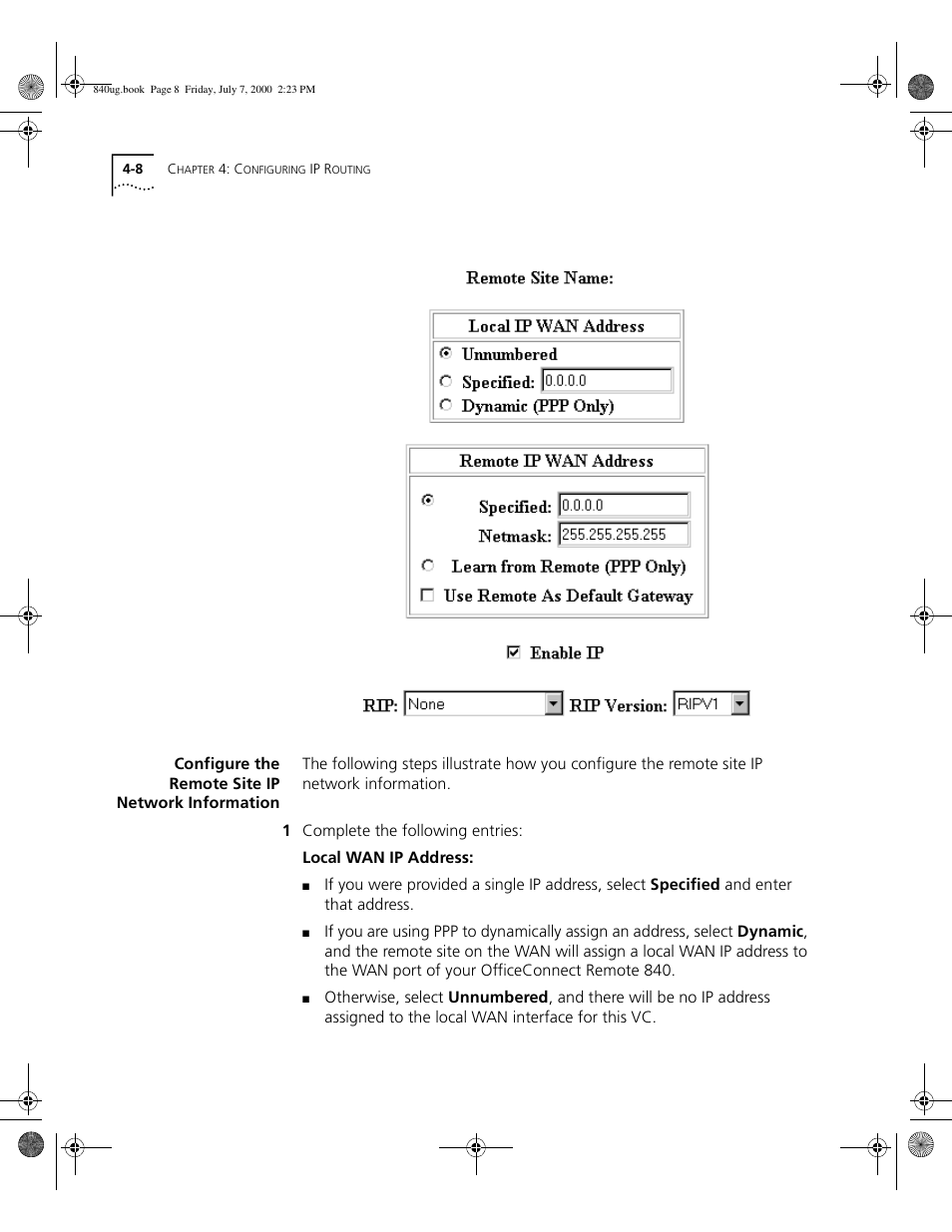 Configure the remote site ip network information | 3Com 3C840 User Manual | Page 62 / 222