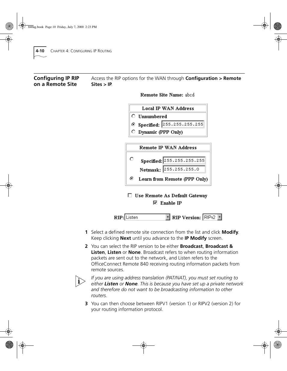 Configuring ip rip on a remote site | 3Com 3C840 User Manual | Page 64 / 222