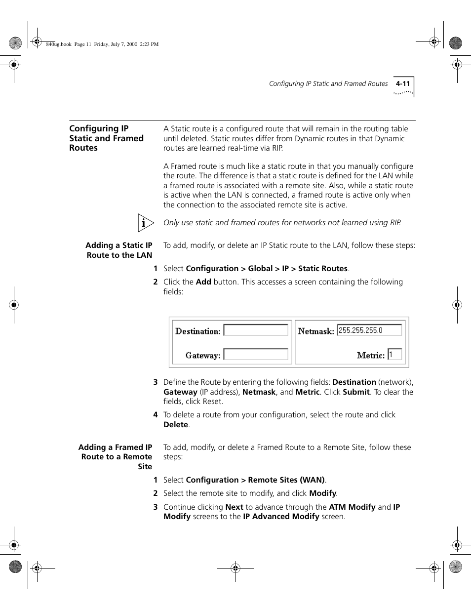 Configuring ip static and framed routes, Adding a static ip route to the lan, Adding a framed ip route to a remote site | 3Com 3C840 User Manual | Page 65 / 222