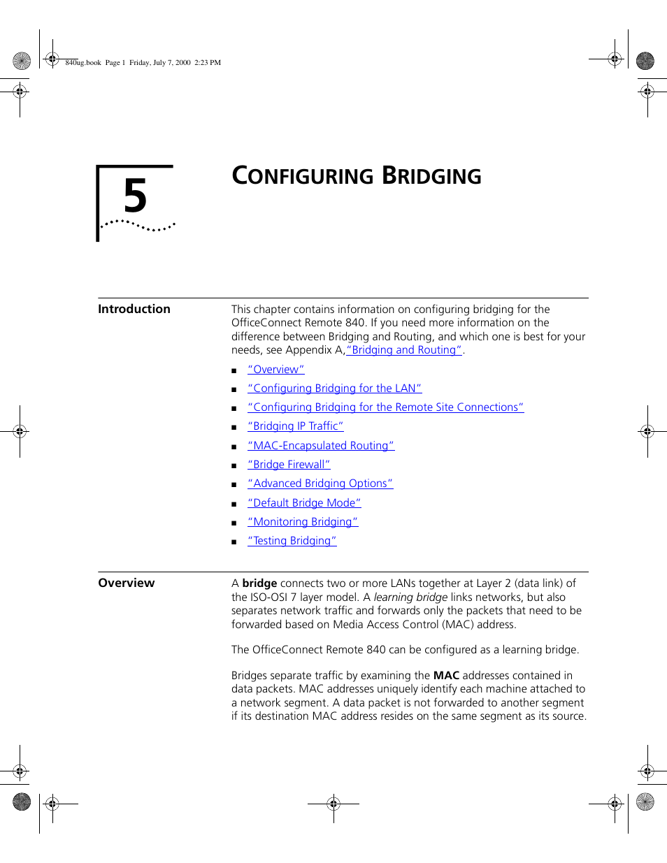 Configuring bridging, Introduction, Overview | Onfiguring, Ridging | 3Com 3C840 User Manual | Page 73 / 222