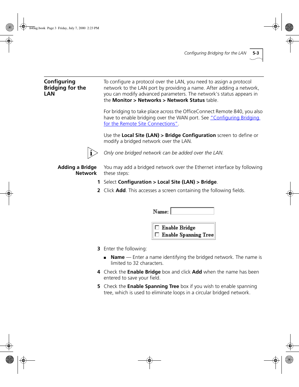 Configuring bridging for the lan, Adding a bridge network | 3Com 3C840 User Manual | Page 75 / 222