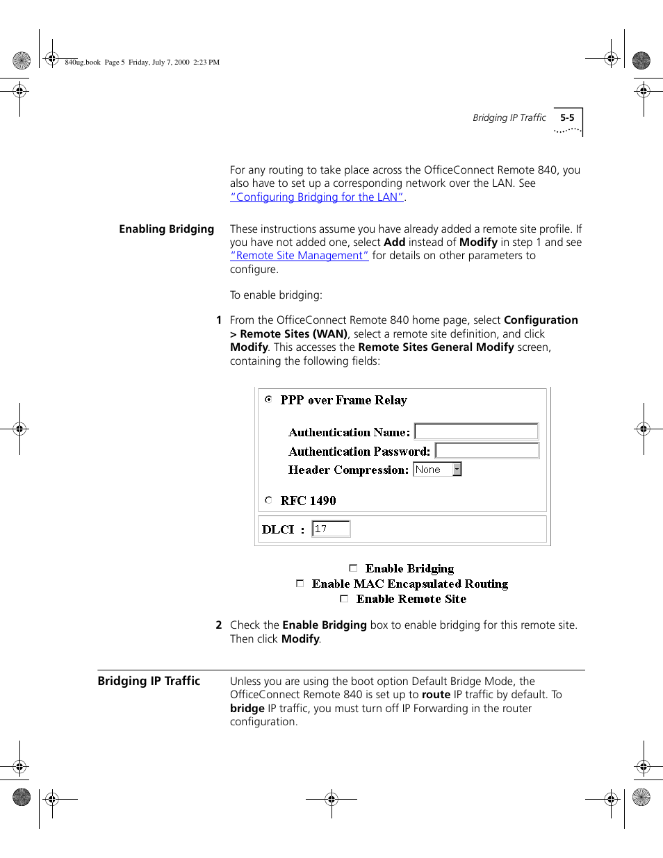 Enabling bridging, Bridging ip traffic | 3Com 3C840 User Manual | Page 77 / 222