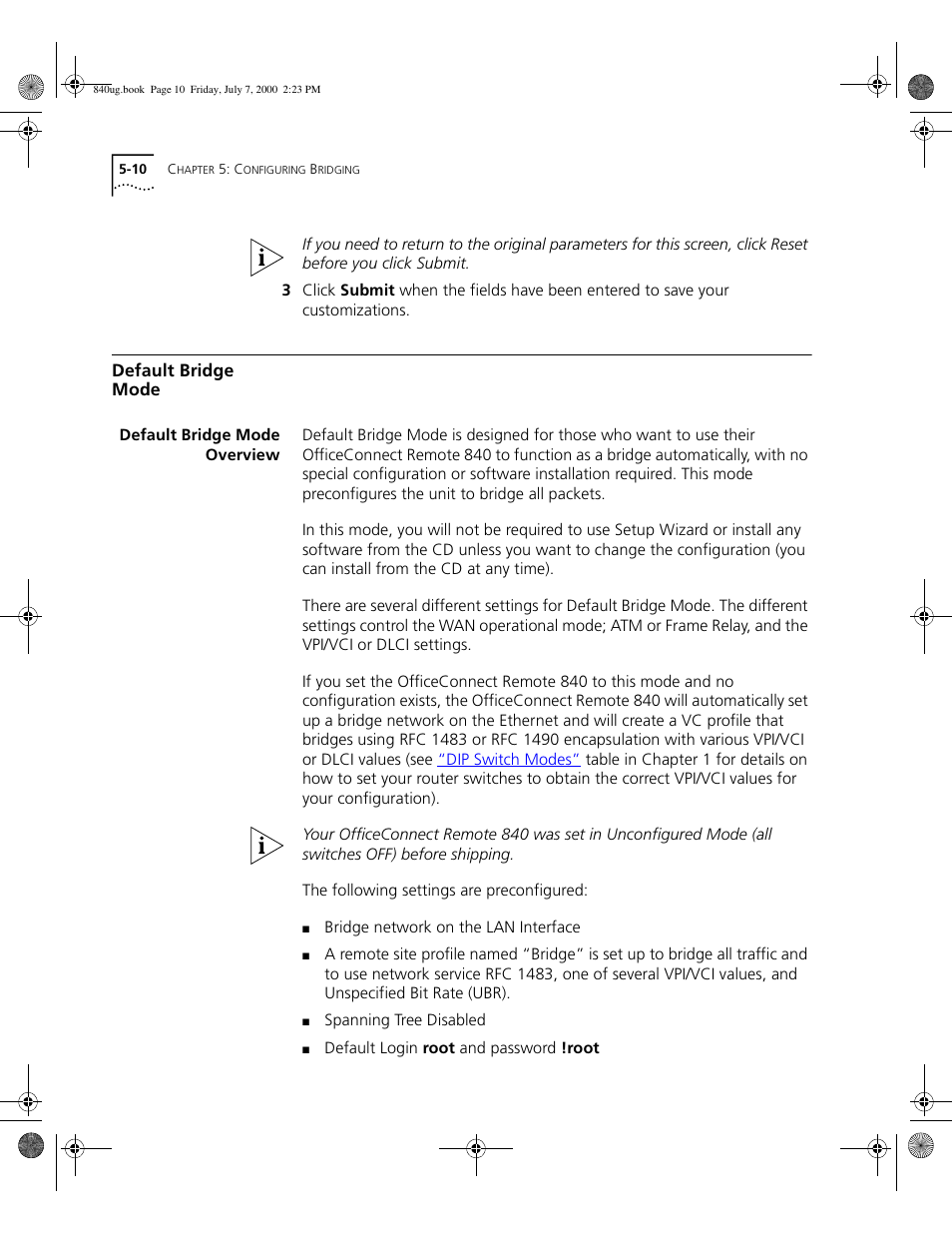 Default bridge mode, Default bridge mode overview | 3Com 3C840 User Manual | Page 82 / 222