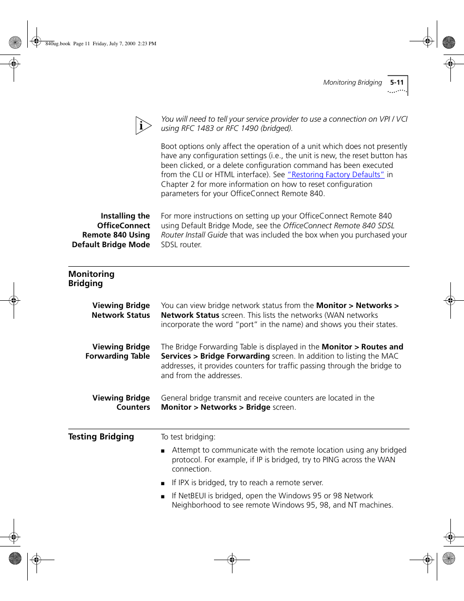 Monitoring bridging, Viewing bridge network status, Viewing bridge forwarding table | Viewing bridge counters, Testing bridging | 3Com 3C840 User Manual | Page 83 / 222