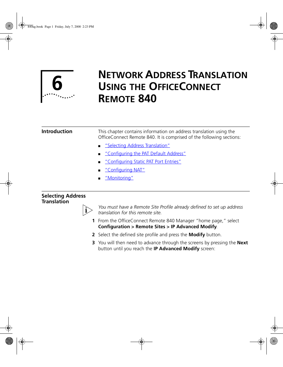 Introduction, Selecting address translation, Etwork | Ddress, Ranslation, Sing, Ffice, Onnect, Emote, Sele | 3Com 3C840 User Manual | Page 85 / 222