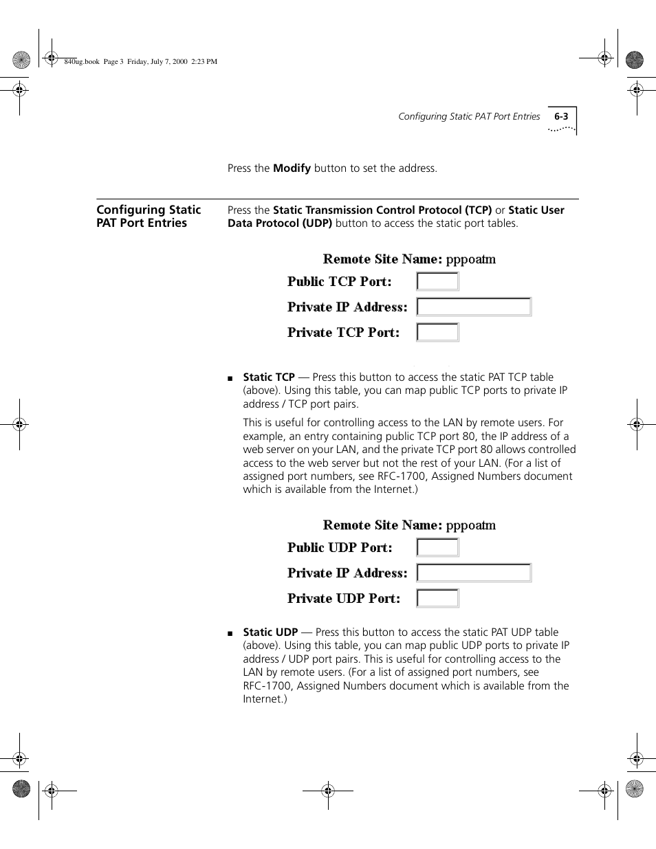 Configuring static pat port entries | 3Com 3C840 User Manual | Page 87 / 222