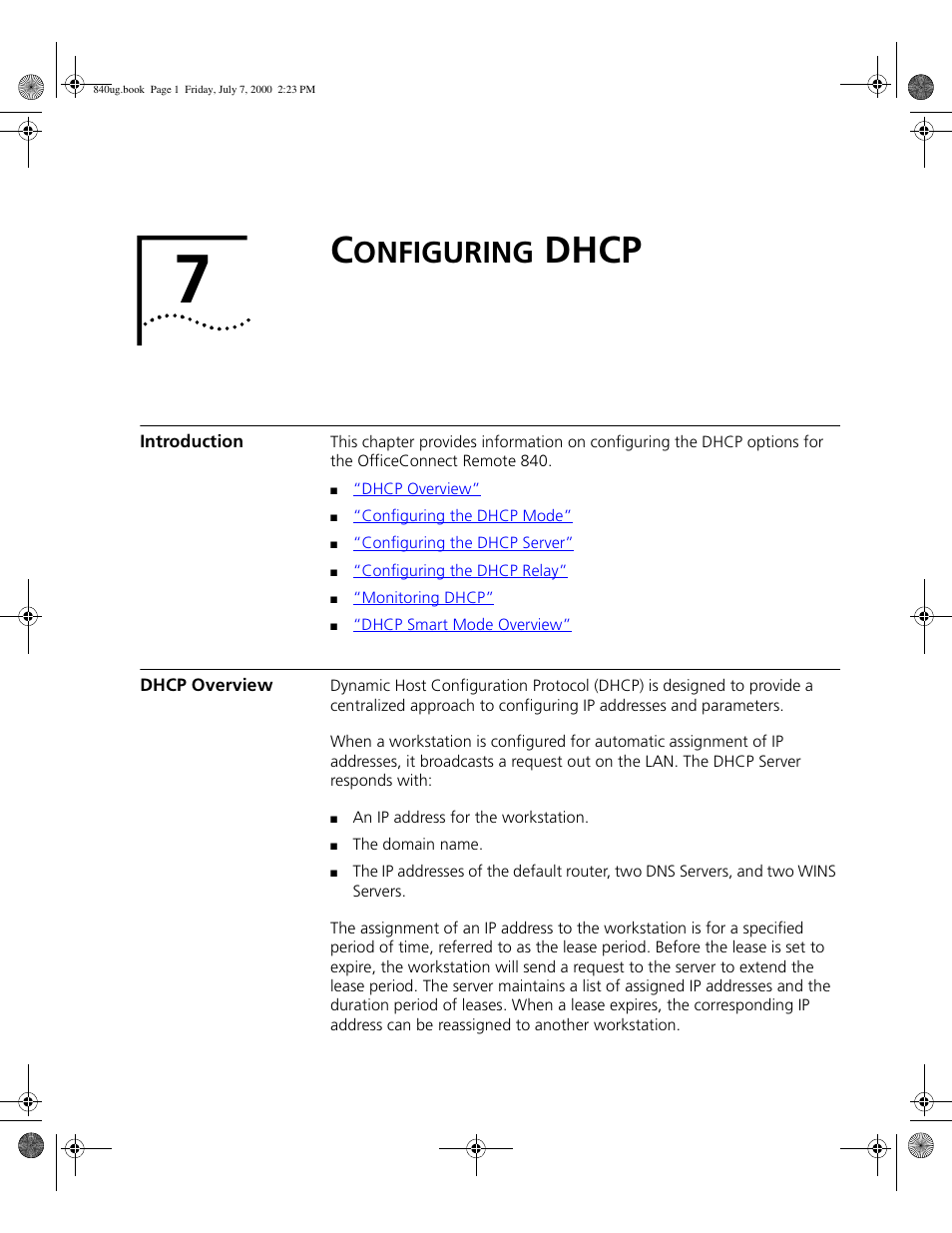 Configuring dhcp, Introduction, Dhcp overview | Onfiguring, Dhcp | 3Com 3C840 User Manual | Page 91 / 222