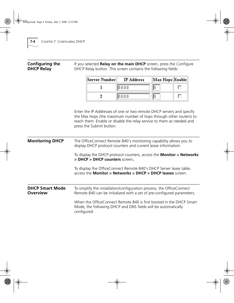 Configuring the dhcp relay, Monitoring dhcp, Dhcp smart mode overview | 3Com 3C840 User Manual | Page 94 / 222