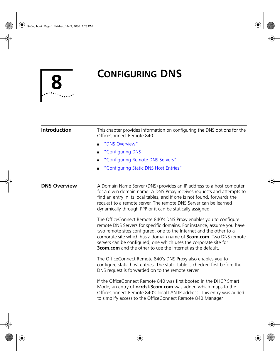 Configuring dns, Introduction, Dns overview | Onfiguring | 3Com 3C840 User Manual | Page 97 / 222