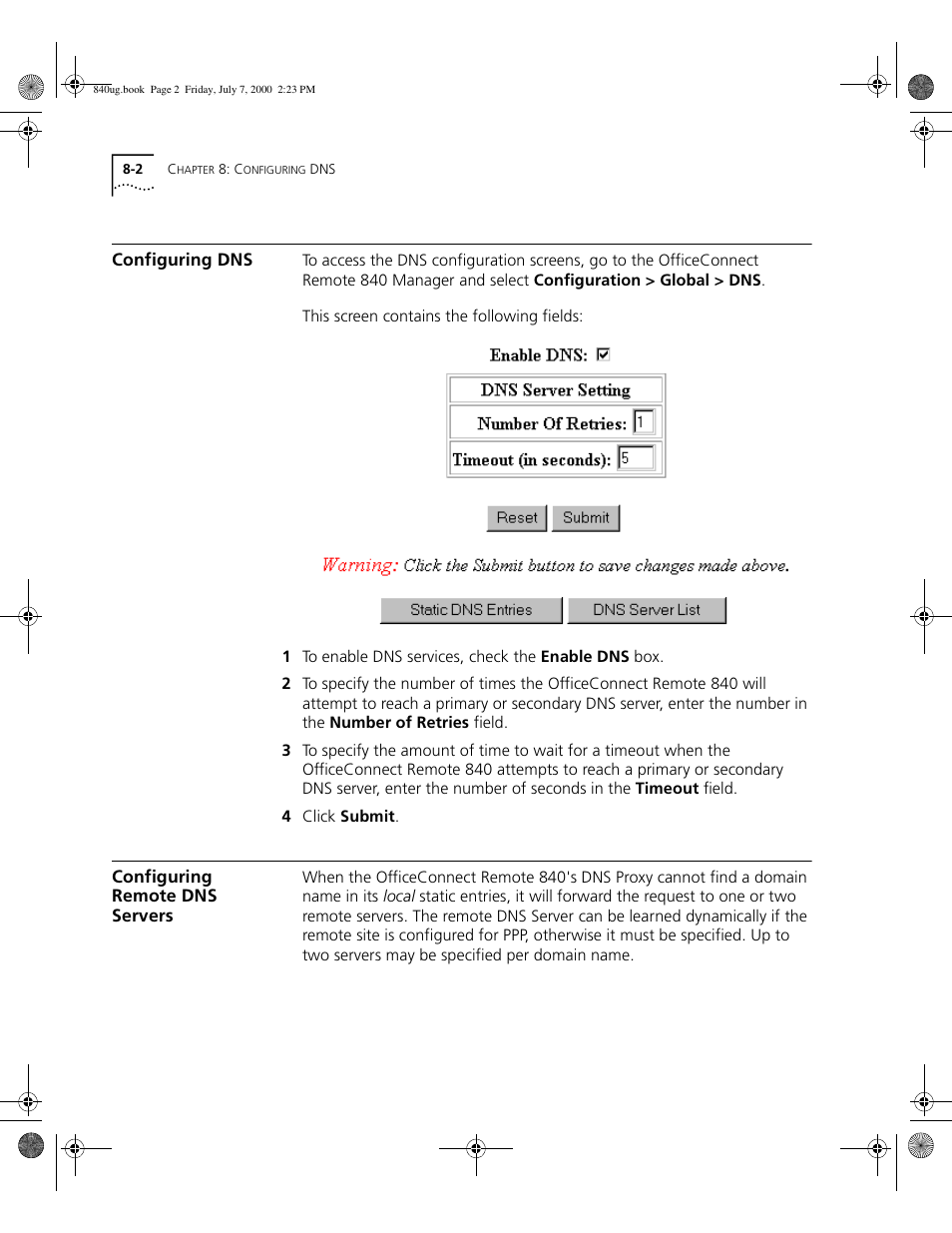 Configuring dns, Configuring remote dns servers | 3Com 3C840 User Manual | Page 98 / 222