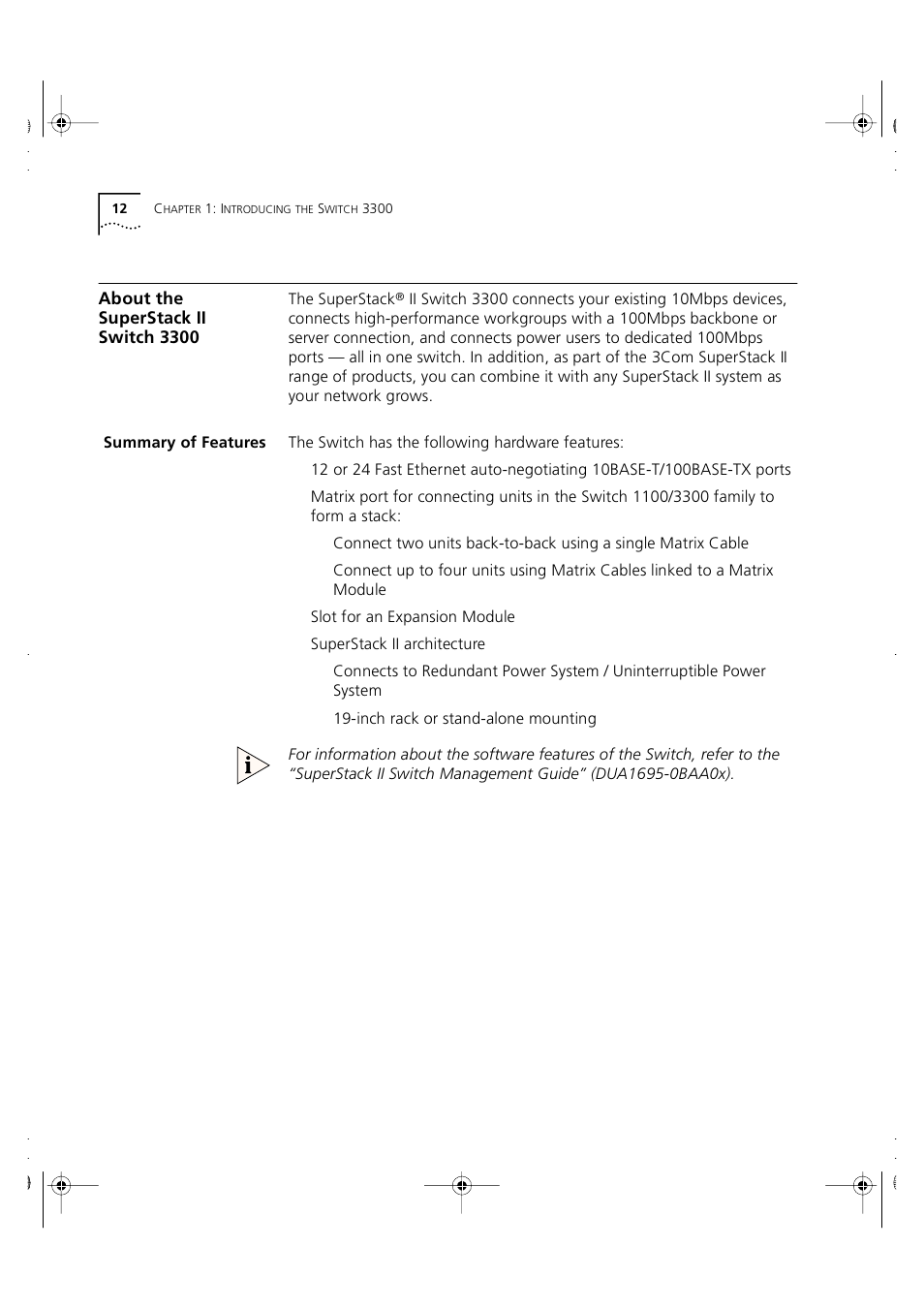 About the superstack ii switch 3300, Summary of features | 3Com 3C16980 User Manual | Page 12 / 62