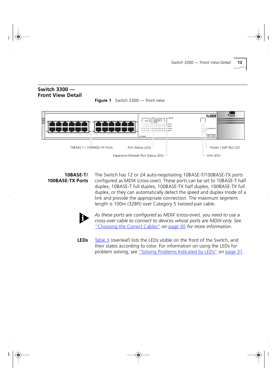 Switch 3300 — front view detail, 10base-t/ 100base-tx ports, Leds | 3Com 3C16980 User Manual | Page 13 / 62