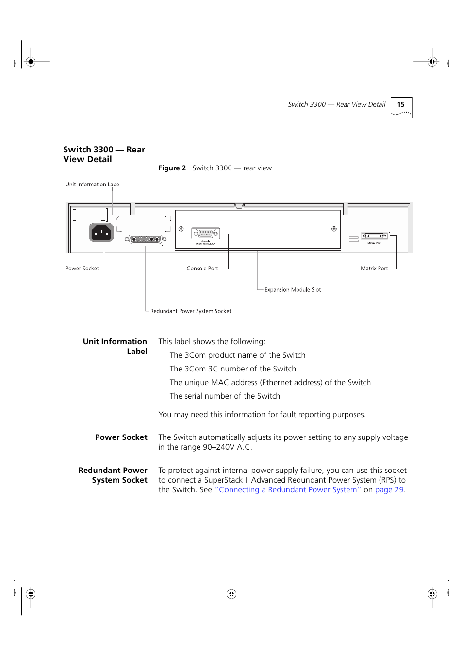Switch 3300 — rear view detail, Unit information label, Power socket | Redundant power system socket | 3Com 3C16980 User Manual | Page 15 / 62
