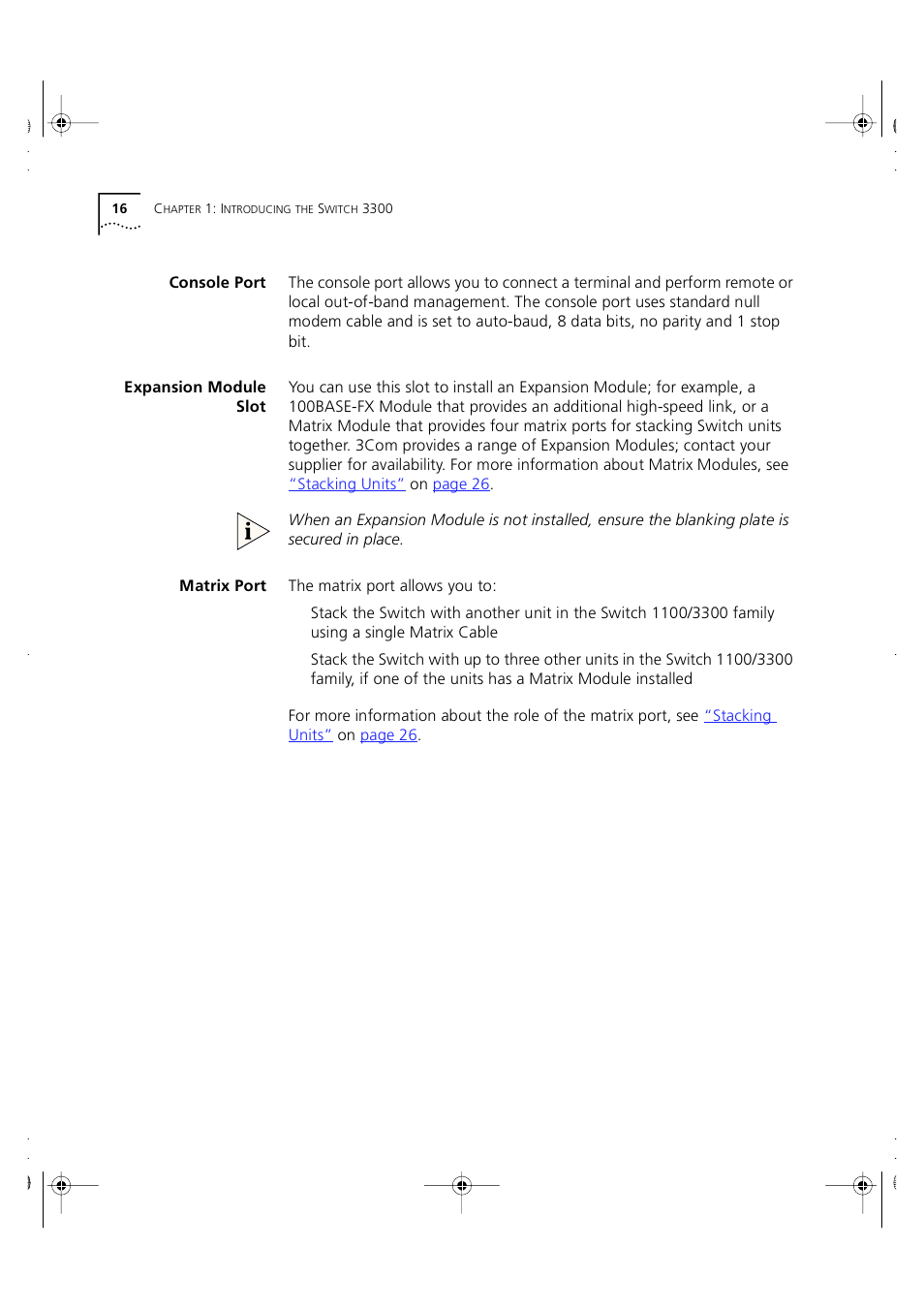 Console port, Expansion module slot, Matrix port | 3Com 3C16980 User Manual | Page 16 / 62