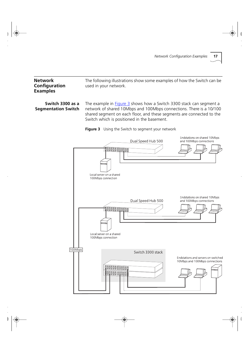 Network configuration examples, Switch 3300 as a segmentation switch | 3Com 3C16980 User Manual | Page 17 / 62