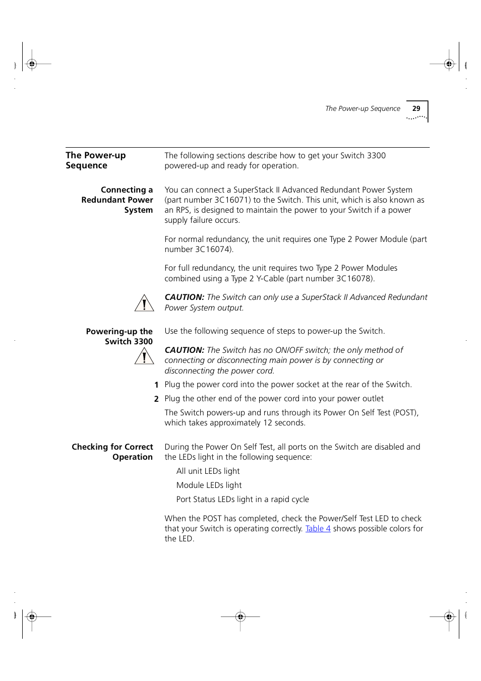 The power-up sequence, Connecting a redundant power system, Powering-up the switch 3300 | Checking for correct operation | 3Com 3C16980 User Manual | Page 29 / 62