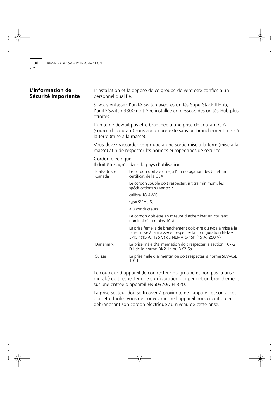 L’information de sécurité importante | 3Com 3C16980 User Manual | Page 36 / 62