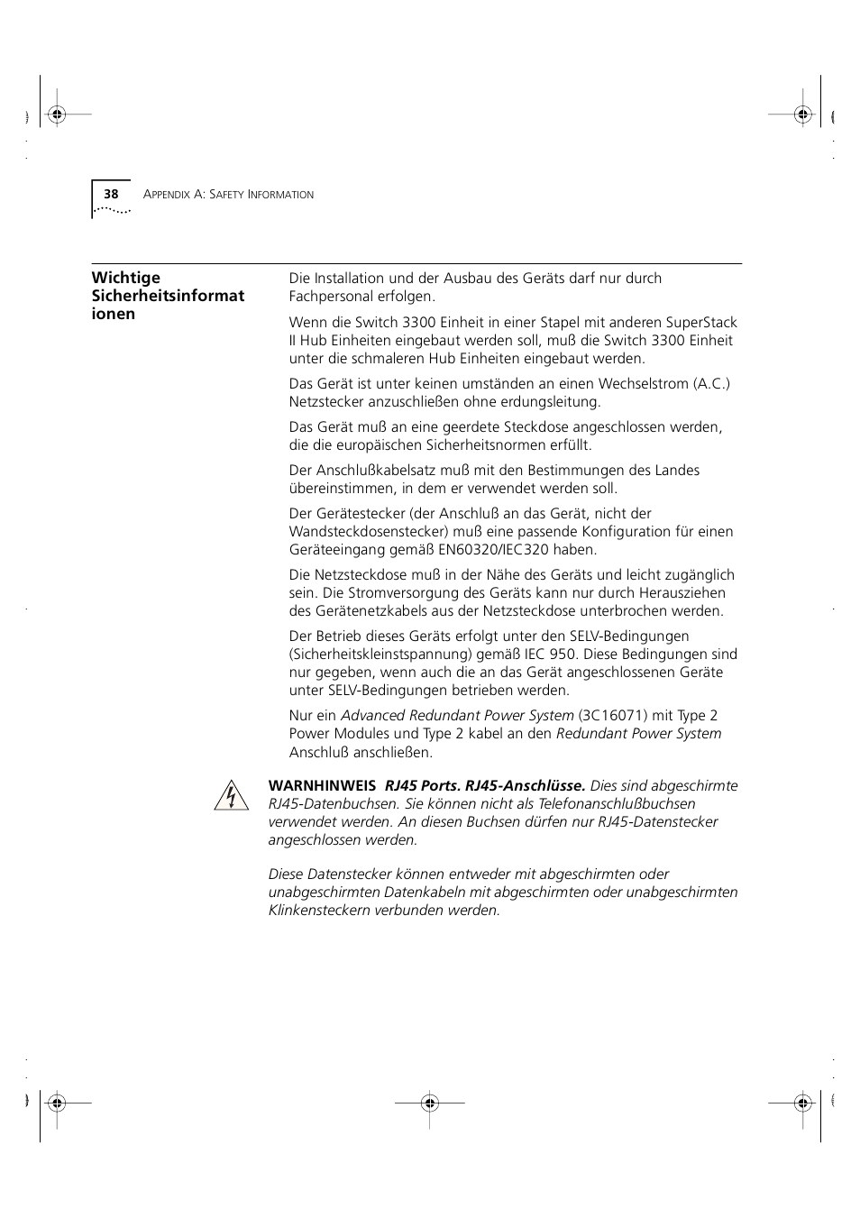 Wichtige sicherheitsinformat ionen, Wichtige sicherheitsinformationen | 3Com 3C16980 User Manual | Page 38 / 62