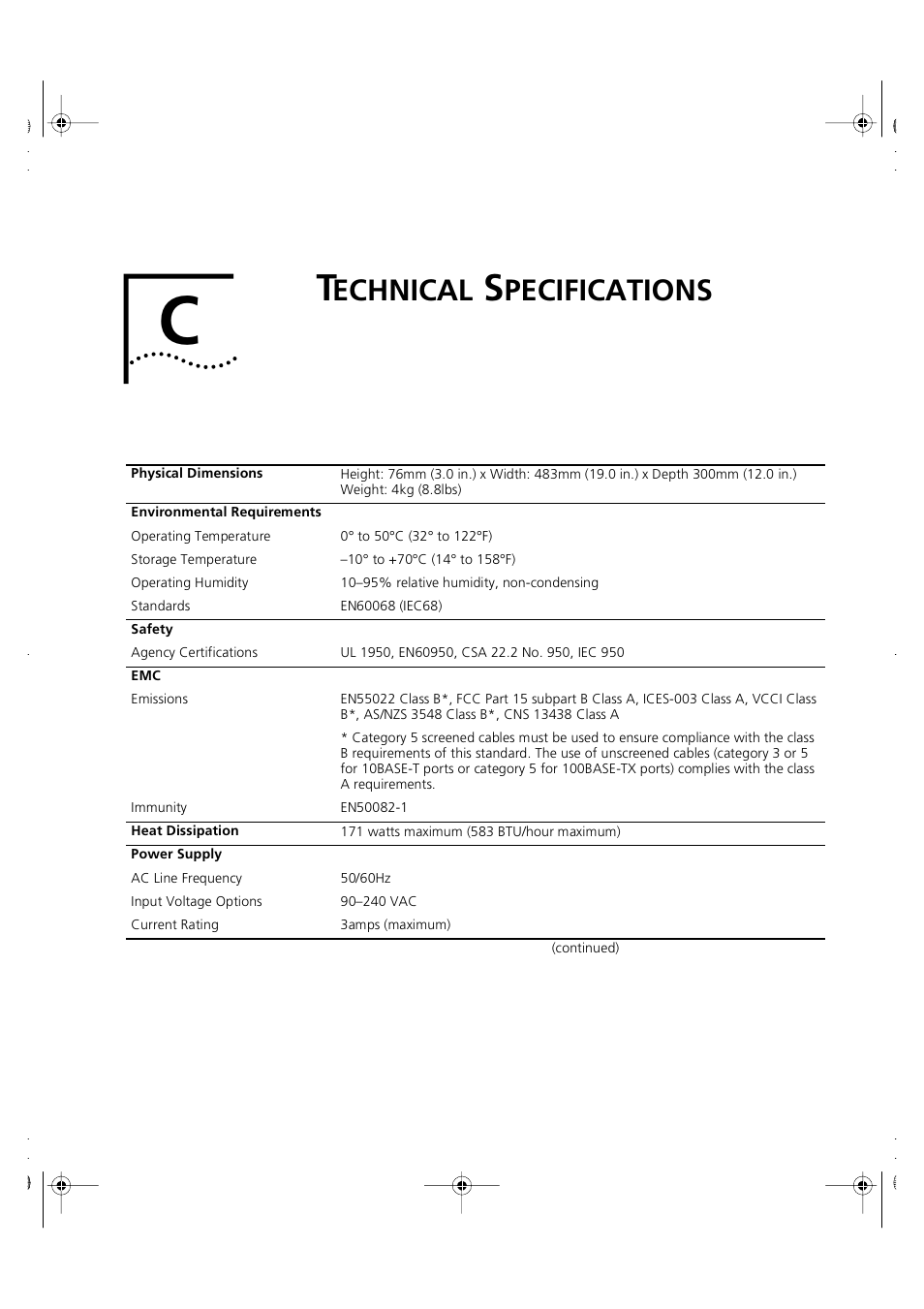Technical specifications, Echnical, Pecifications | 3Com 3C16980 User Manual | Page 43 / 62