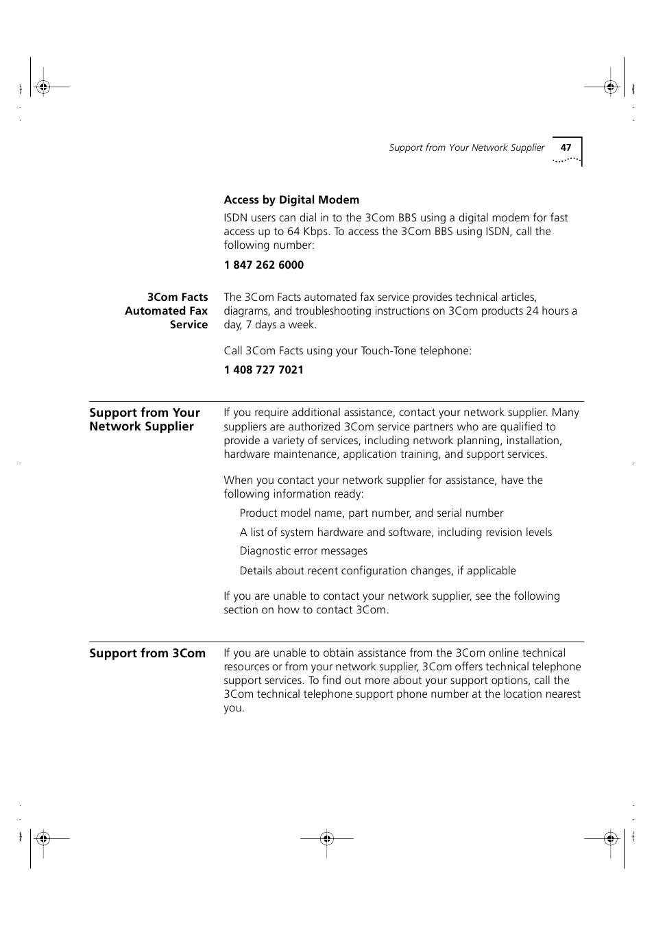 3com facts automated fax service, Support from your network supplier, Support from 3com | 3Com 3C16980 User Manual | Page 47 / 62