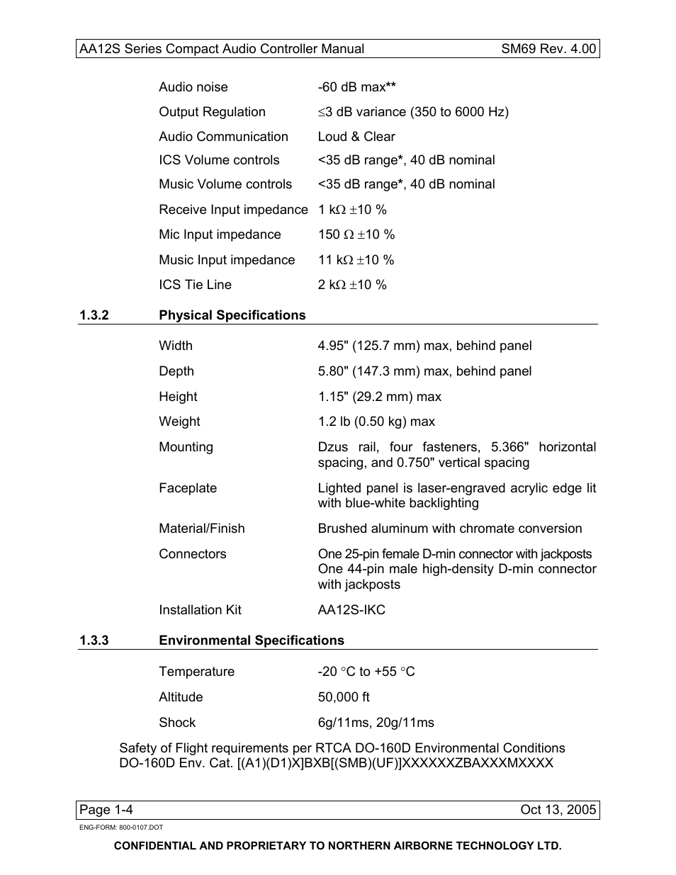 2 physical specifications, 3 environmental specifications | NAT SM69 AA12S Series User Manual | Page 12 / 34