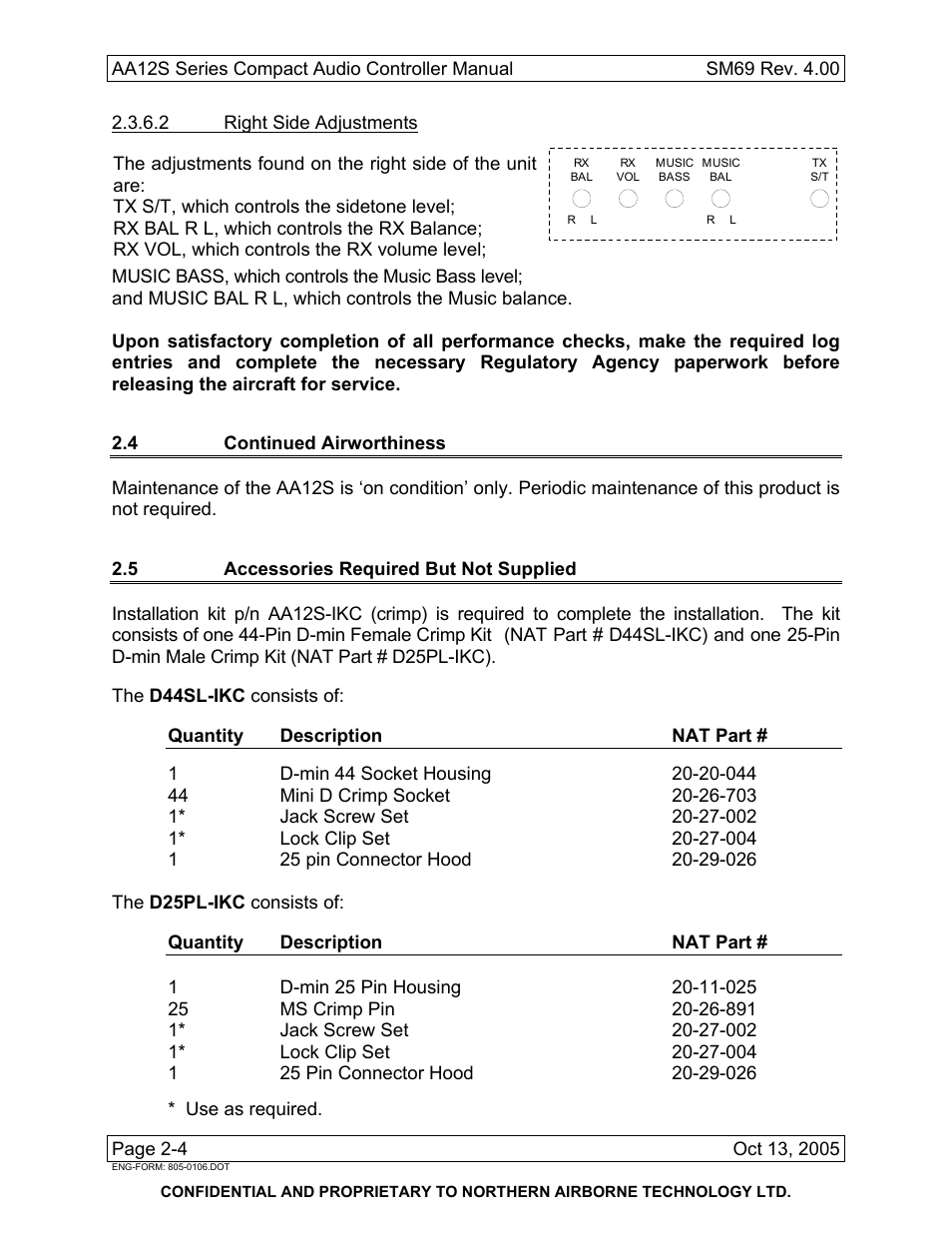 2 right side adjustments, 4 continued airworthiness, 5 accessories required but not supplied | NAT SM69 AA12S Series User Manual | Page 18 / 34
