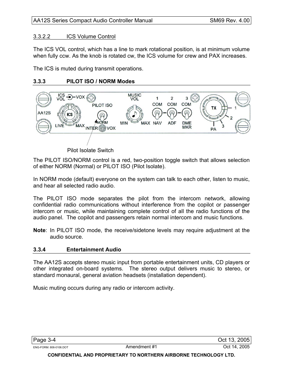 2ics volume control, 3 pilot iso / norm modes, 4 entertainment audio | NAT SM69 AA12S Series User Manual | Page 32 / 34