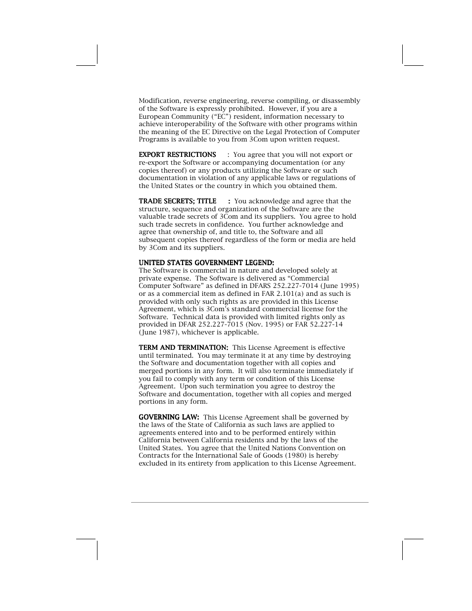Export restrictions, Trade secrets; title, United states government legend | Term and termination, Governing law | 3Com PalmPilot User Manual | Page 65 / 75