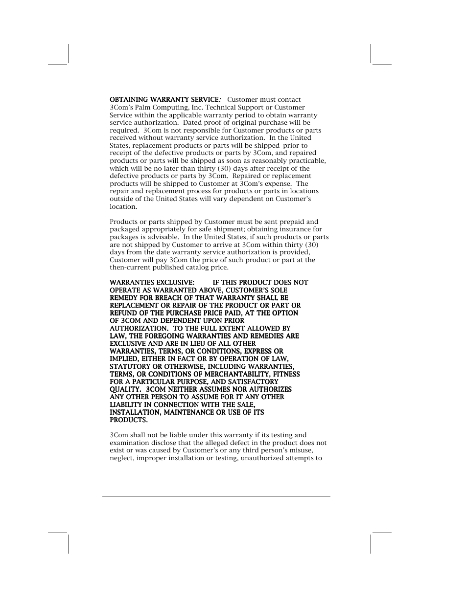 Obtaining warranty service, Warranties exclusive | 3Com PalmPilot User Manual | Page 68 / 75