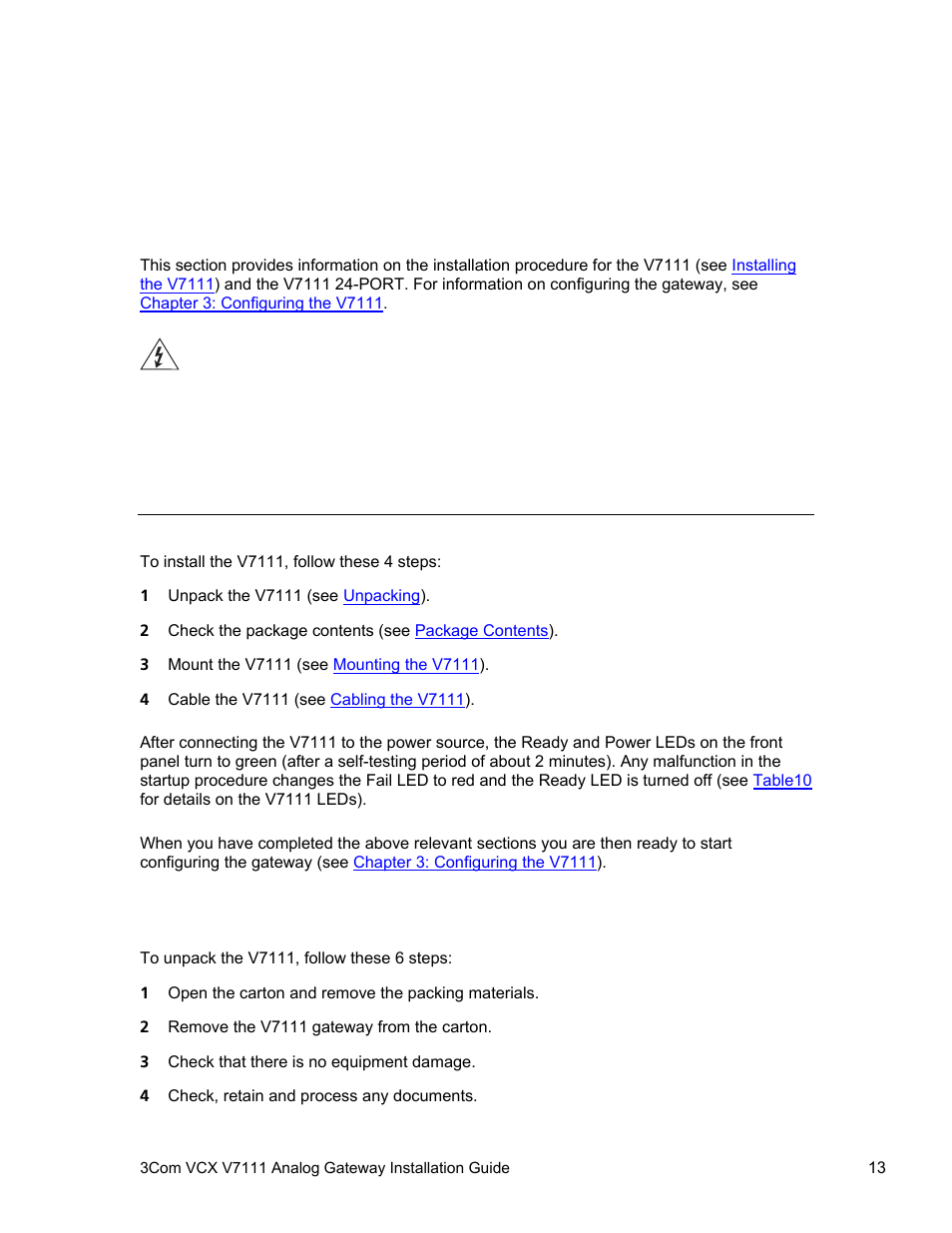 Chapter 2: installing the v7111, Installing the v7111, Unpacking | V7111, Hapter, Nstalling the | 3Com V7111 User Manual | Page 13 / 71