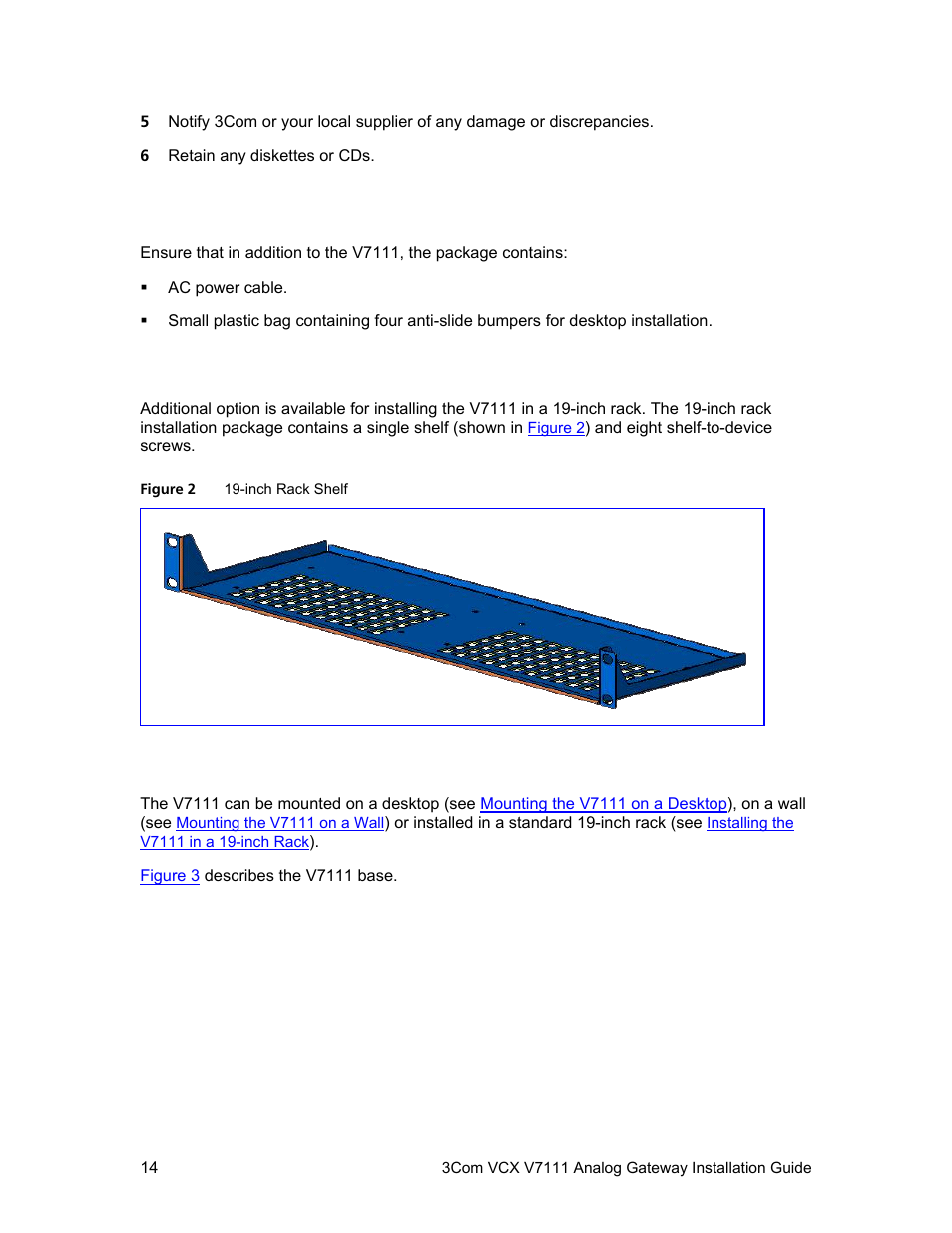 Package contents, Inch rack installation package, Mounting the v7111 | 3Com V7111 User Manual | Page 14 / 71