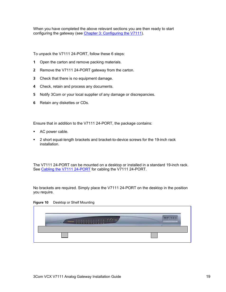 Unpacking, Package contents, Mounting the v7111 24-port | Mounting the v7111 24-port on a desktop | 3Com V7111 User Manual | Page 19 / 71