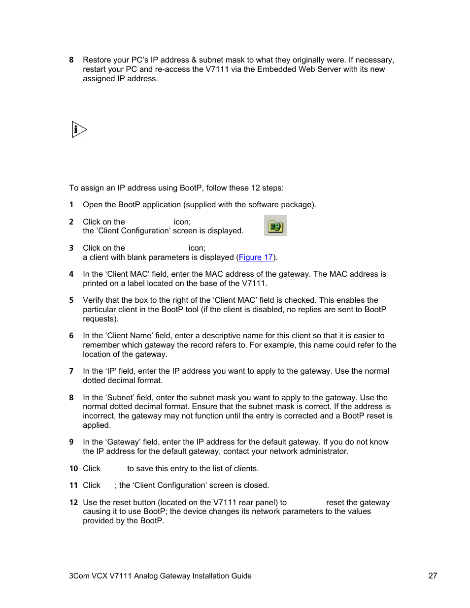 Assigning an ip address using bootp | 3Com V7111 User Manual | Page 27 / 71