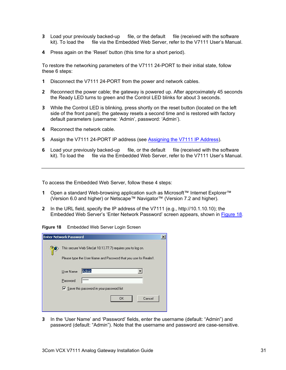 Accessing the embedded web server, Accessing the embedded web, Server | 3Com V7111 User Manual | Page 31 / 71