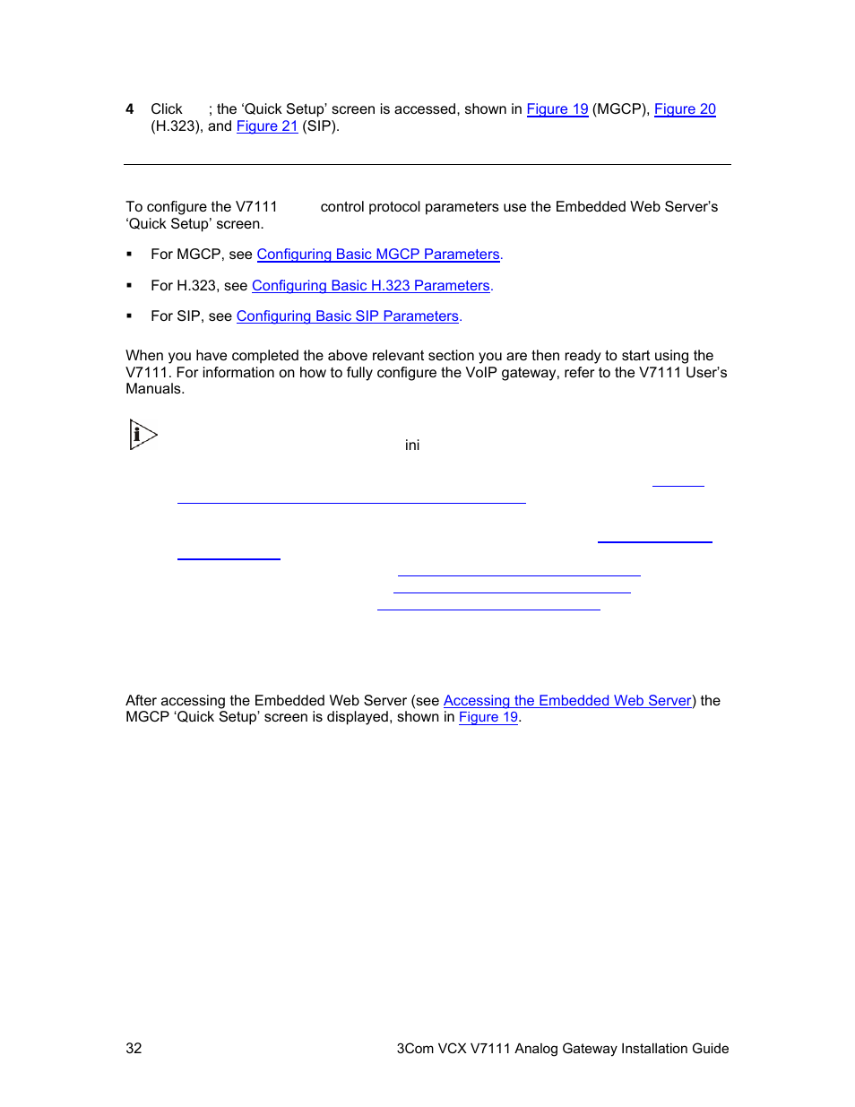 Basic control protocol parameters, Configuring basic mgcp parameters, The v7111 | Basic, Control protocol parameters, Describes how to set | 3Com V7111 User Manual | Page 32 / 71