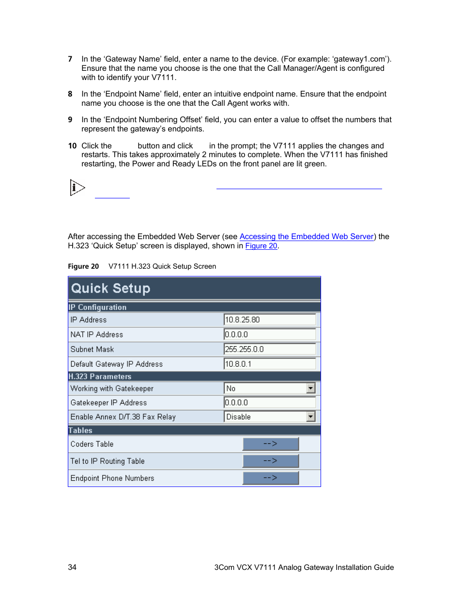 Configuring basic h.323 parameters, Figure 20, For h.323, see | 3Com V7111 User Manual | Page 34 / 71