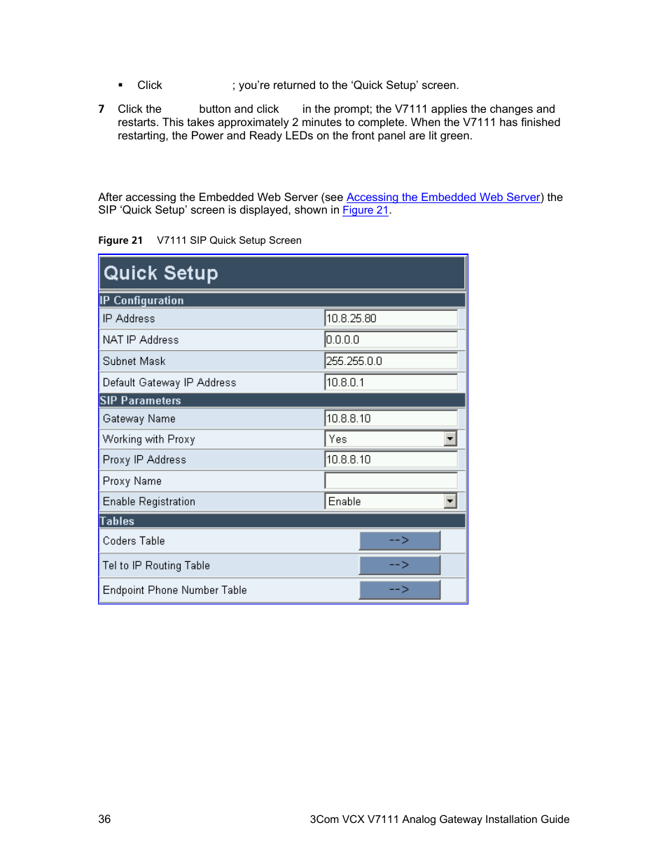 Configuring basic sip parameters, Figure 21, Configuring basic | Sip parameters, Configuring continues with | 3Com V7111 User Manual | Page 36 / 71