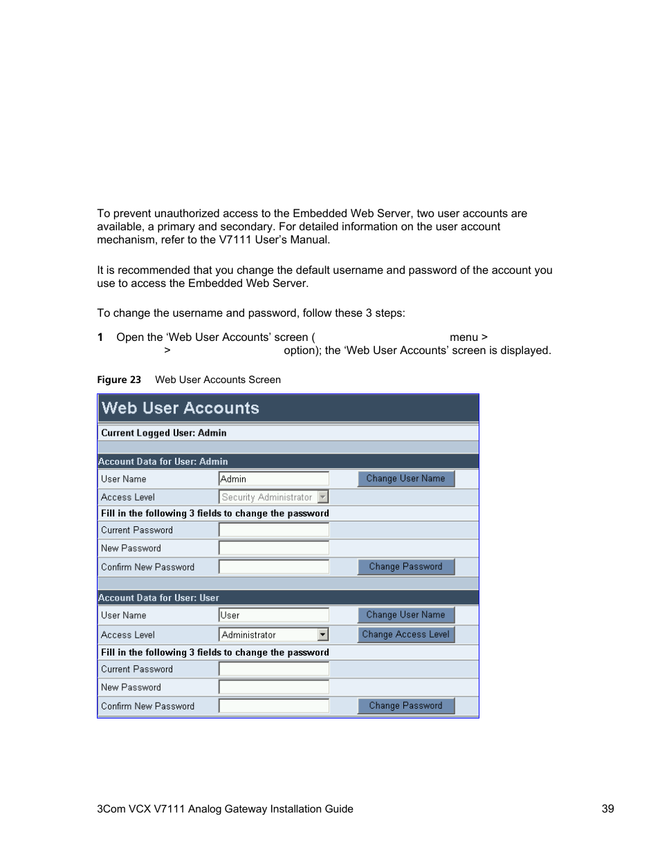 Mgcp users should continue with, Chapter 4: changing the v7111 username and, Password | V7111, Hapter, Hanging the, Sername and, Assword | 3Com V7111 User Manual | Page 39 / 71