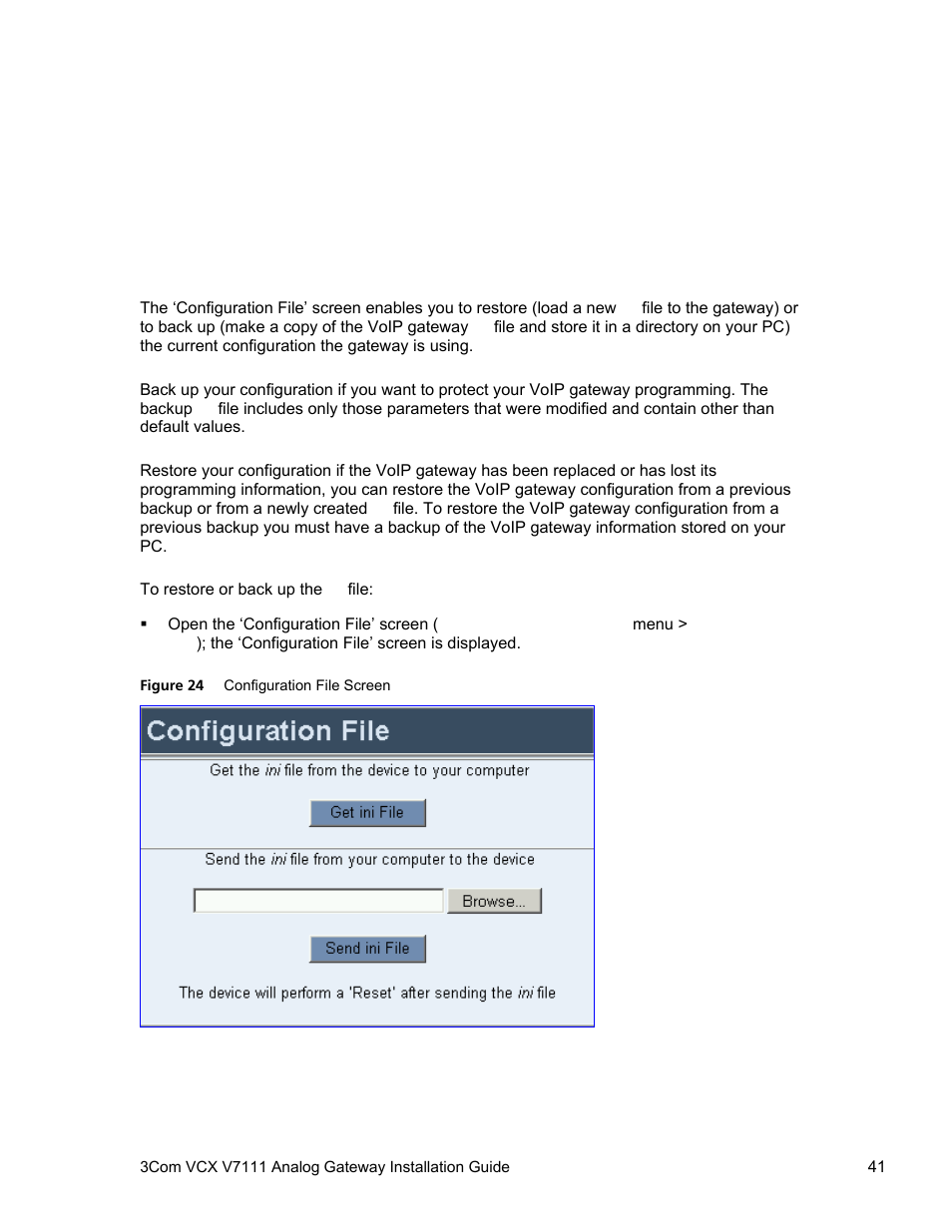 Ion, see, Chapter, Restoring and backing up the v7111 configuration | V7111, Hapter, Estoring and, Acking, Pthe, Onfiguration | 3Com V7111 User Manual | Page 41 / 71